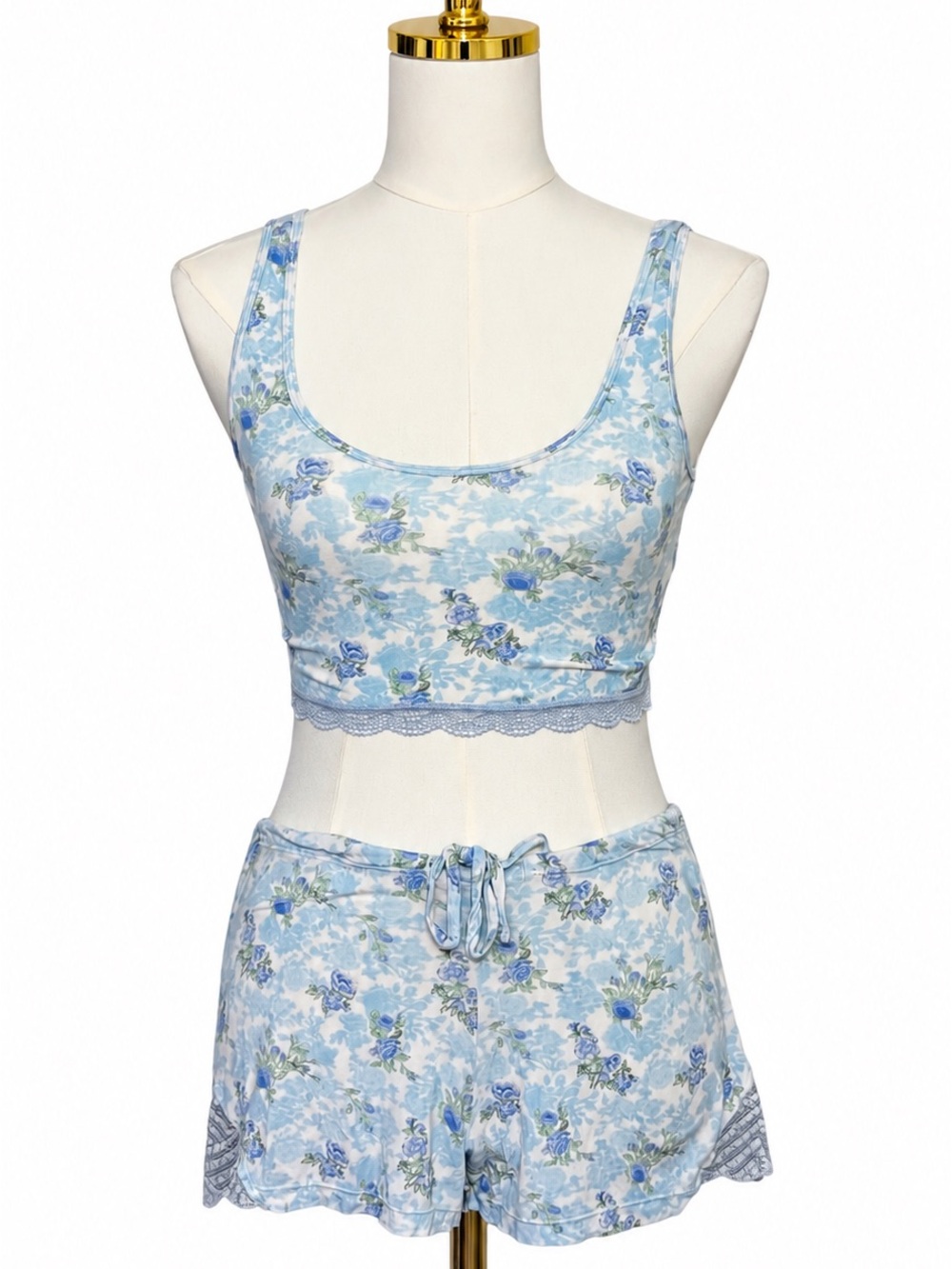LoveShackFancy Blue White Floral Lace Trim Pajama Shorts Set Size S